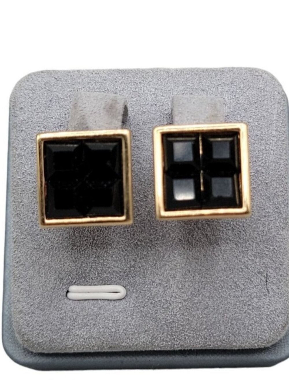 Swarovski Sal Signed Black Crystal Grid Square Post Earrings Gold Plated Studs - Picture 1 of 13